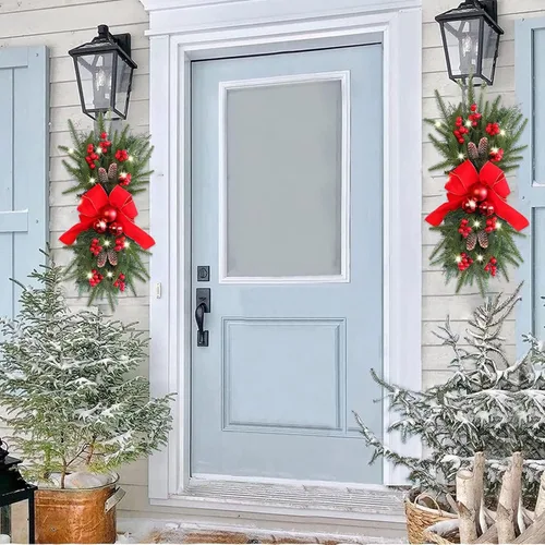 Vista 5 de Guirnalda de escaleras de Navidad preiluminada, guirnalda de Navidad, el borde de escalera preiluminado inalámbrico, coronas de Navidad para puerta