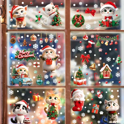 Vista 6 de Calcomanías de gato para ventana de Navidad, 9 hojas de decoración de Navidad, campanas de árbol de gato, calcomanías para fiestas de vacaciones