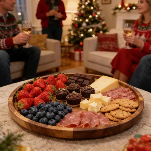 Vista 3 de Utoplike Gran acacia Lazy Susan para mesa, bandeja redonda giratoria para servir, tabla de charcutería de madera de 17.7 pulgadas con borde elevado