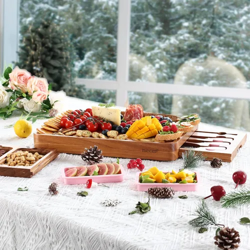 Vista 2 de hecef Juego grande de tabla de embutidos rosa con cuchillos de queso de acero inoxidable, juego de tabla de queso, bandeja de aperitivos de madera