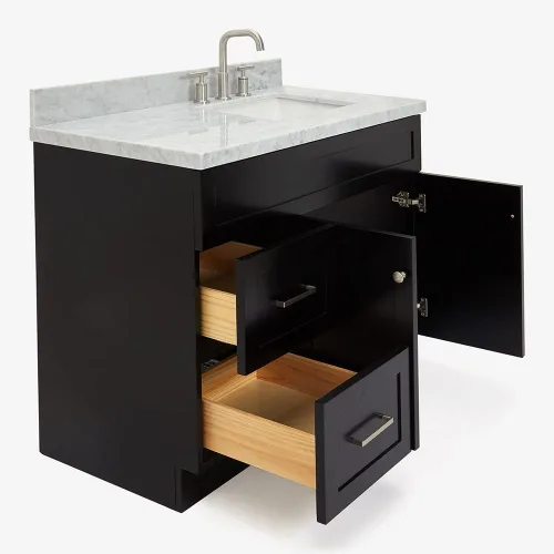 Vista 5 de DKB Bradford - Mueble de baño individual negro de 42 pulgadas con fregadero rectangular, encimera de mármol italiano de carrara con borde de 1.5