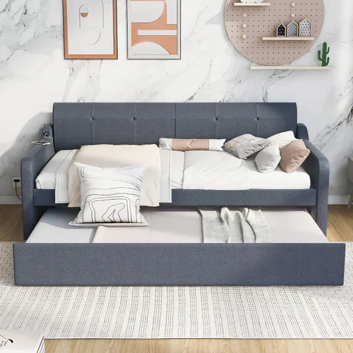Vista 4 de MERITLINE Sofá cama tapizado con nido y carga USB, marco de sofá cama extensible de tamaño individual a king, sofá cama con cama nido puede ser