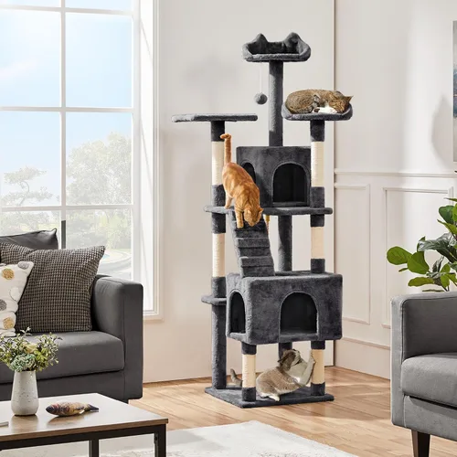 Vista 2 de Topeakmart Árbol de gato de 72 pulgadas para gatos de interior, torre de escalada de varios niveles con postes rascadores, 3 perchas, centro
