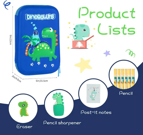 Vista 2 de homicozy Estuche para lápices para niños, bonito juego de papelería de dinosaurio para niños, organizador de lápices escolar de EVA 3D