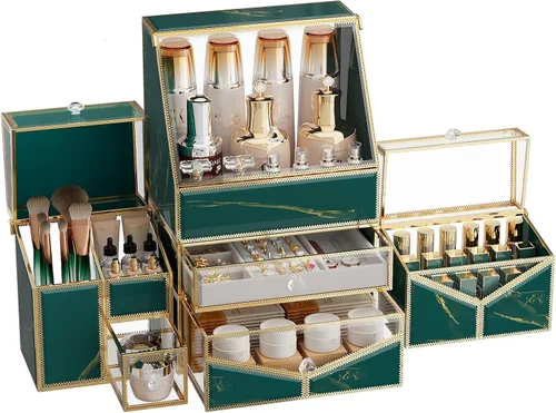 Vista 8 de Youdepot Organizador de maquillaje extra grande, almacenamiento de cosméticos de vidrio con cajones, organizador apilable de maquillaje y joyas