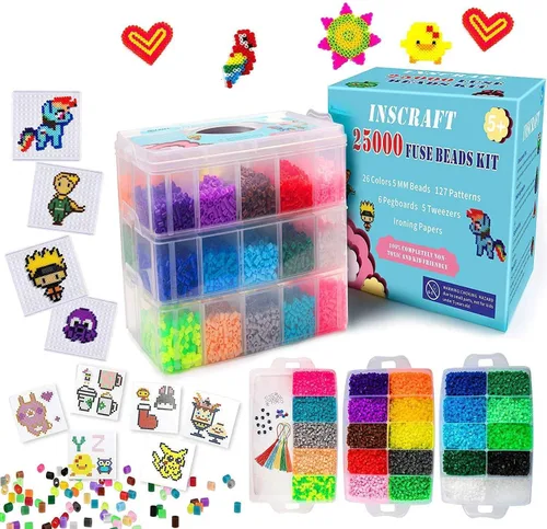 Vista 10 de Juego de cuentas fusibles, 21,000 piezas de cuentas fusibles, 22 colores de 0.197 in para niños, incluye 8 papel de planchar, 48 patrones, 4