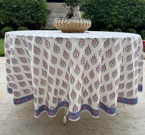 Vista 44 de Mantel redondo con estampado de bloque a mano, 100% algodón, reutilizable, color verde espárragos, 60 pulgadas, mantel decorativo para uso diario