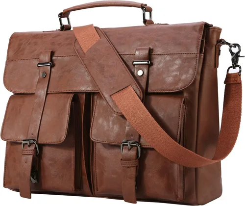 Vista 7 de Bolso bandolera de cuero para hombre, 14, 15.6, 17.3 pulgadas, bolso de cuero vintage para laptop, maletín, bolsa de trabajo grande