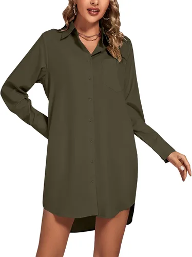 Vista 3 de LYANER Vestido camisero para mujer con cuello en V, botones, manga larga y dobladillo curvado