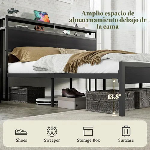 Vista 4 de AMERLIFE Base de cama tamaño Queen con cabecera de almacenamiento y estación de carga, cama de plataforma de metal industrial con gran Negro