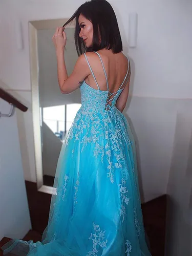 Vista 4 de Vestidos de graduación para mujer, sexy, largo, con apliques de encaje, tirantes delgados, tul acampanado, vestidos de noche formales para fiesta