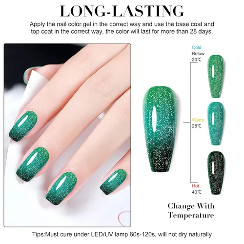 Vista 3 de Esmalte de uñas de gel que cambia de color de temperatura, esmalte de gel con purpurina, diseño holográfico de camaleón, diseño de arte de uñas