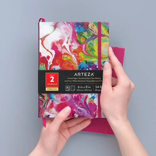 Vista 2 de ARTEZA Diarios punteados, juego de 2, 6 x 8 pulgadas, 96 hojas, diseño de vertido acrílico y rosa oscuro, cuadernos estéticos con papel liso