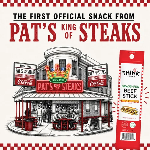 Vista 4 de Think Jerky x Pat's King of Steaks - Palitos oficiales de carne de res con sabor a cheesesteak, edición limitada, bocadillos de carne de res