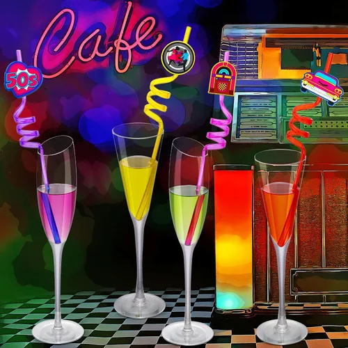 Vista 4 de Skyley 24 piezas de decoraciones de fiesta de los años 50, pajitas de discoteca de los años 50, pajitas retro de Sock Hop Rock Silly Straws Music