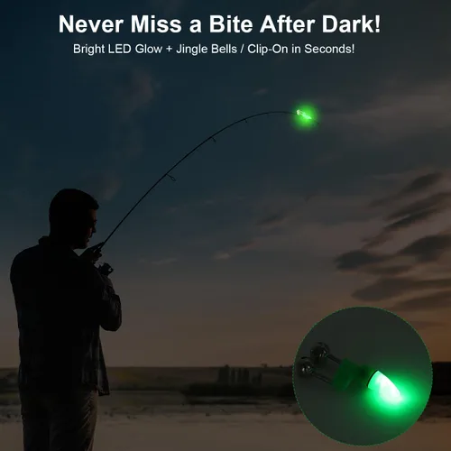 Vista 2 de 25 campanas de caña de pescar con luces de punta, alarmas de mordedura de pesca dobles para cañas de pesca, luces LED brillantes para pesca