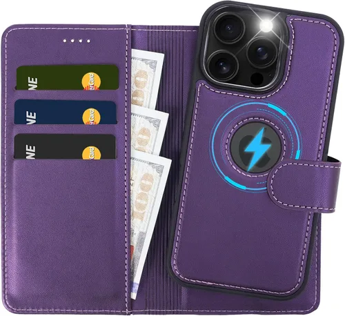 Vista 14 de Funda de piel sintética 2 en 1 para iPhone 13 PRO MAX, funda de piel sintética desmontable con soporte para tarjetas, funda extraíble con bloqueo