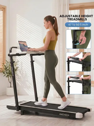 Vista 2 de ANCHEER Cinta de correr con inclinación del 12%/15%, almohadilla plegable con barra de asa, capacidad de 320-450 libras debajo del escritorio