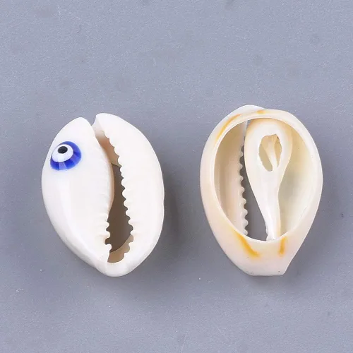 Vista 2 de Cheriswelry 200 cuentas de concha de cauri de ojo malvado sin perforar para playa, diseño de conchas marinas, corte liso, cuentas espaciadoras