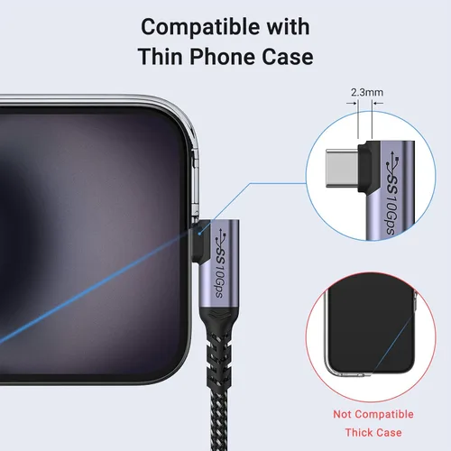 Vista 5 de Cable USB C corto de 100W 3.1 ángulo recto [1.5 pies, 2 paquetes], carga rápida de 5A, cables con chip E-Marker de datos de alta velocidad 10Gbps