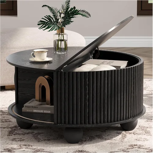 Vista 24 de JOINICE Mesa auxiliar ovalada de 42.5 pulgadas con almacenamiento, moderna mesa central negra con diseño estriado, patas de madera maciza