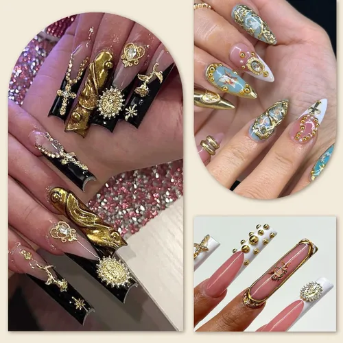 Vista 5 de Dijes de cruz 3D para uñas, cuentas doradas de perlas de uñas con parte trasera plana para manualidades, bonitos dijes de uñas Y2K con diamantes