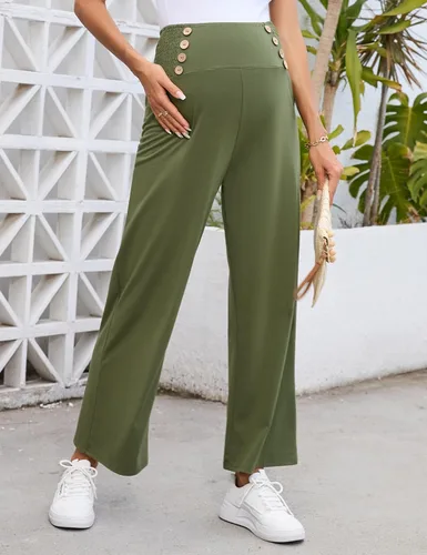 Vista 3 de Pantalones de maternidad para mujer, de cintura alta, con doble botonadura y pierna ancha, pantalones largos sueltos para embarazo, pantalones
