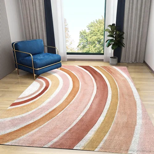 Vista 3 de Alfombra de entrada colorida arcoíris de 2 x 3 pies para baño, alfombra bohemia de mediados de siglo, abstracta de pelo bajo, tapete pequeño