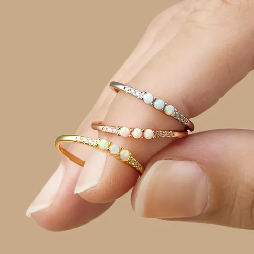 Vista 2 de AFFY - Anillo refinado con ópalo sintético y oro de 14 quilates sobre plata para mujeres, joyas apilables
