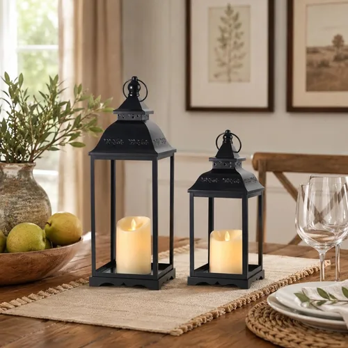 Vista 3 de Decorative Candle Lanterns Set of 2, Black Metal for Indoor & Outdoor Negro