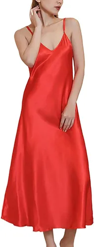 Vista 3 de Amlztr Camisón de satén para mujer, vestido largo para dormir, camisones de seda con cuello en V