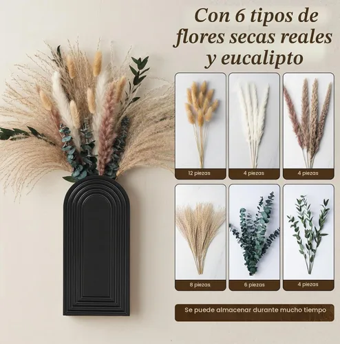 Vista 2 de Juego de 2 jarrones de pared de madera con eucalipto de hierba de pampas, decoración de pared moderna de estilo bohemio para sala de estar, entrada