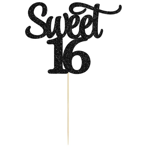 Vista 3 de Gyufise 1 decoración para tartas de 16 años con purpurina negra para cumpleaños de 16 años, decoración para felicitaciones a 16 años de edad
