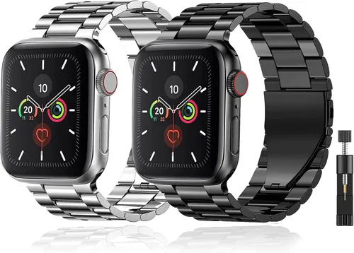 Vista 8 de Paquete de 2 correas de metal compatibles con Apple Watch Band 38/40/41/42/44/45/46/1.929 in, acero inoxidable y malla milanesa para iWatch Band
