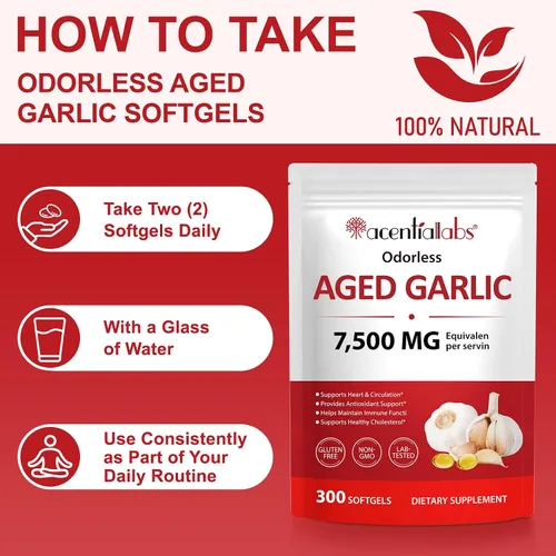 Vista 6 de Extracto de ajo envejecido de 7500 mg, cápsulas de suplemento de ajo inodoro, 300 unidades (2 años de edad) para apoyo cardíaco e inmunológico