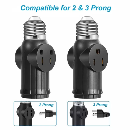 Vista 2 de 2 adaptadores de enchufe de luz de 3 clavijas, convertidor de enchufe de bombilla negra polarizada, bombillas E26/E27 a enchufe de 2/3 clavijas