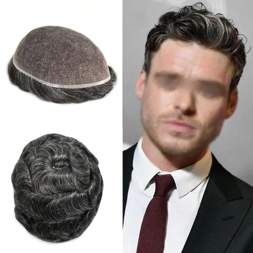 Vista 42 de Peluca de cabello humano con encaje completo, línea capilar real, para hombre, peluca de cabello con nudo blanqueado, pieza de pelo para hombres