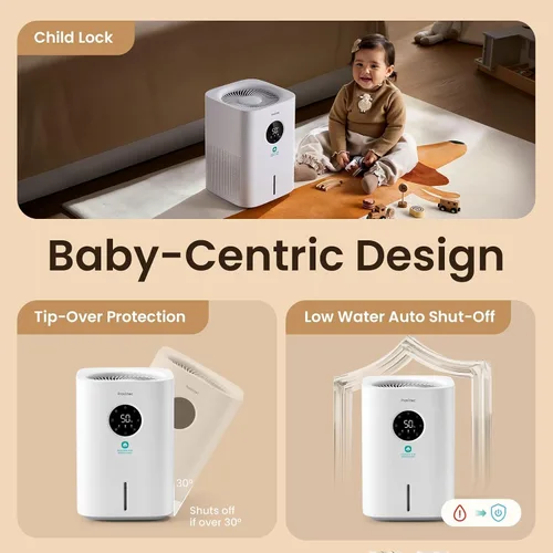 Vista 7 de Provirtec Humidificador evaporativo Pro Baby para dormitorio, sin niebla y sin polvo blanco, sin BPA y 16 dB, sueño silencioso para niños, 3 modos