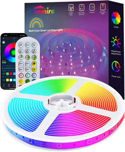 Vista 9 de Tenmiro Tira de luces LED de 32.8 pies, RGB LED inteligente con sincronización de música que cambia de color, tiras de luces LED con control remoto