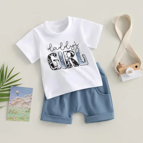 Vista 2 de Conjunto de ropa de verano para bebé y niña, camiseta de manga corta, camiseta de manga corta, pantalones cortos enrollados para recién nacidos