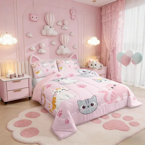 Vista 2 de Erosebridal - Juego de edredón para niños tamaño individual con diseño de gatos coloridos; juego de ropa de cama para niñas estilo Kawaii Patrón 38
