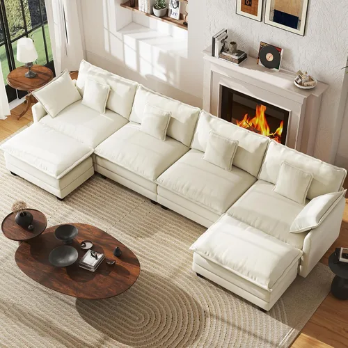 Vista 27 de Sofá de nube en forma de L de 77 pulgadas, sofá modular con otomana, cómodo sofá biplaza de felpilla con almohada para sala de estar, dormitorio
