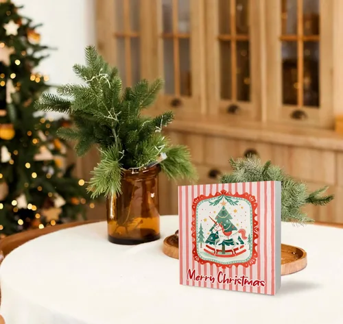 Vista 2 de KEUSPI Cartel de madera rústica rosa con texto en inglés "Merry Christmas", decoración de escritorio de Navidad preparada, árbol de Navidad, caballo