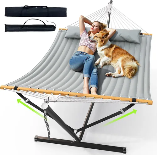 Vista 7 de ANAGOO Hamaca doble con soporte, hamaca de exterior resistente para dos, capacidad de 500 libras, marco de acero estable con correa de equilibrio