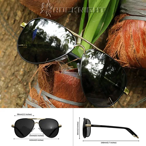 Vista 4 de ROCKNIGHT Lentes de sol polarizados estilo aviador para hombres y mujeres, lentes de sol con parte superior plana de metal, ligeras
