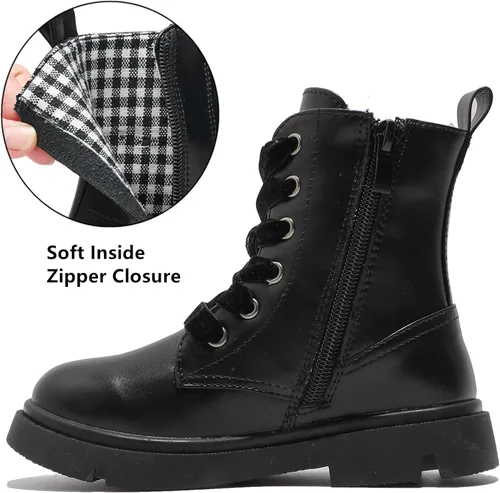 Vista 4 de DADAWEN Botas de tobillo con purpurina para niños y niñas, zapatos de combate impermeables con cremallera lateral para niños pequeños, niños grandes