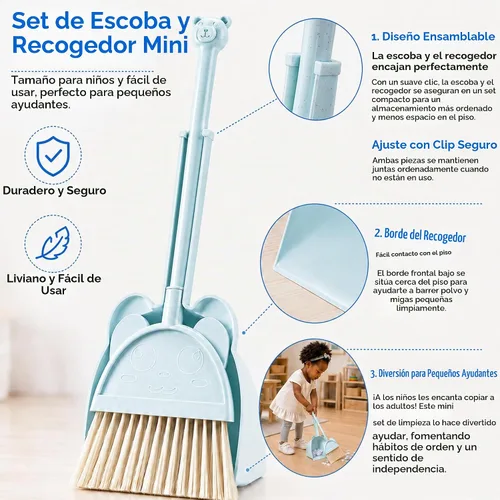 Vista 4 de Mini Escoba con Recogedor para Niños, Pequeño Juego de Ayudante de Limpieza del Hogar (Azul)