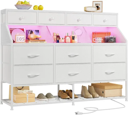 Vista 9 de EnHomee Cómoda para dormitorio con 10 cajones y zapatero de tela con luces LED y tomas de corriente, tocador de dormitorio para entrada, pasillo