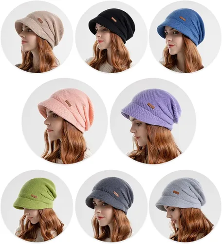 Vista 5 de Gorro de punto con forro polar para mujer, con visera y visera para invierno, para clima frío