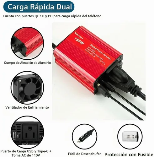 Vista 3 de Inversor de corriente de coche rojo de 150W, convertidor de 12V DC a 110V AC, adaptador de enchufe de vehículo con cargador de coche USB dual